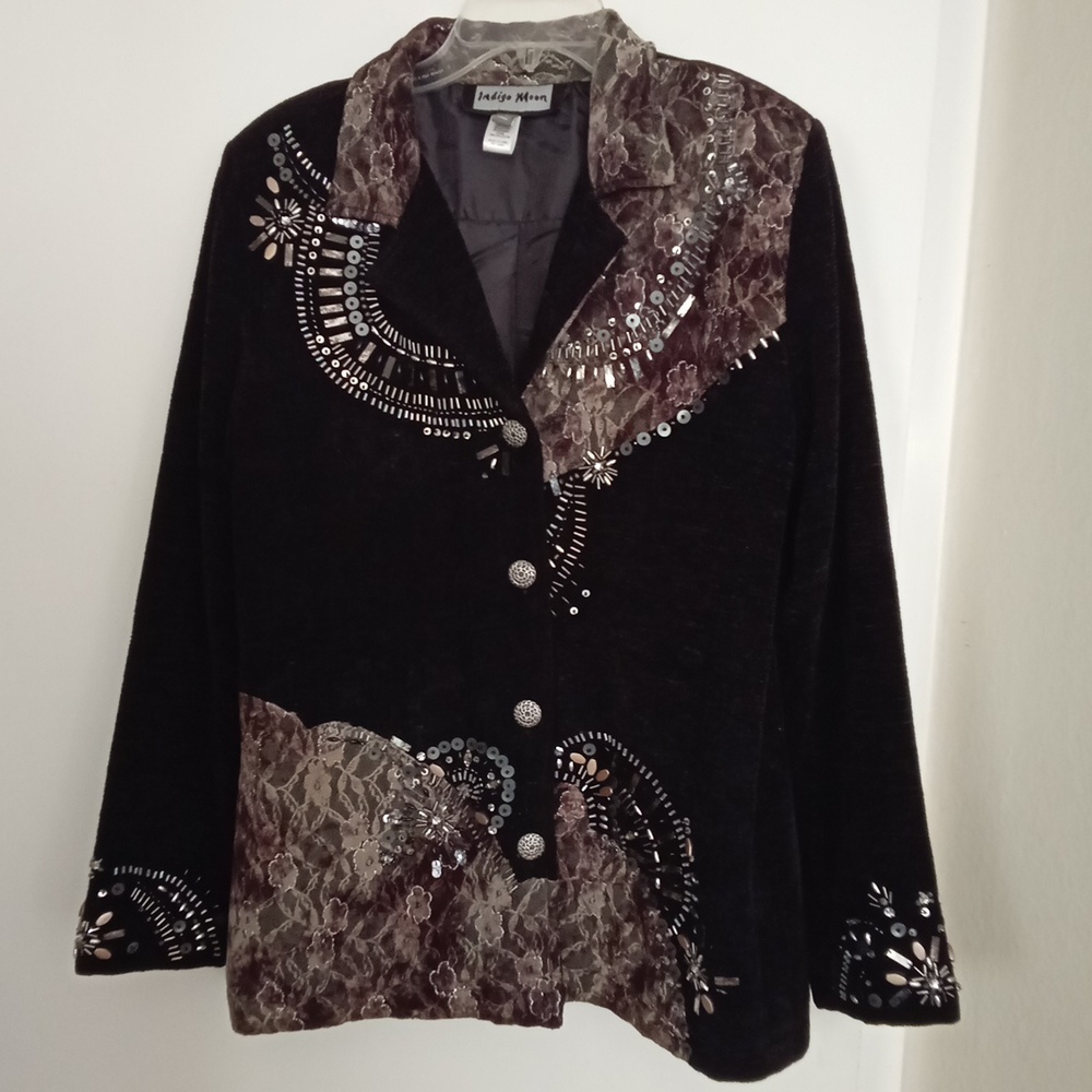 INDIGO MOON Black Velvet  Embellished Sequins Laces Blazer Jacket Boho Rustic